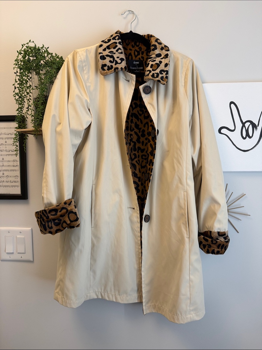 Beige Trench Coat with Leopard Trim - Women's Coat